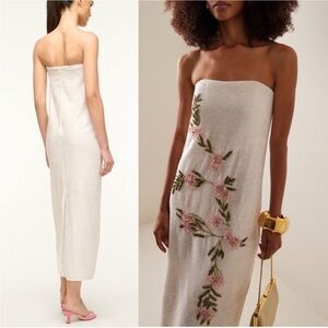 STAUD Casey White Strapless sequin Dress with Pink Floral beaded Magnolia Design
